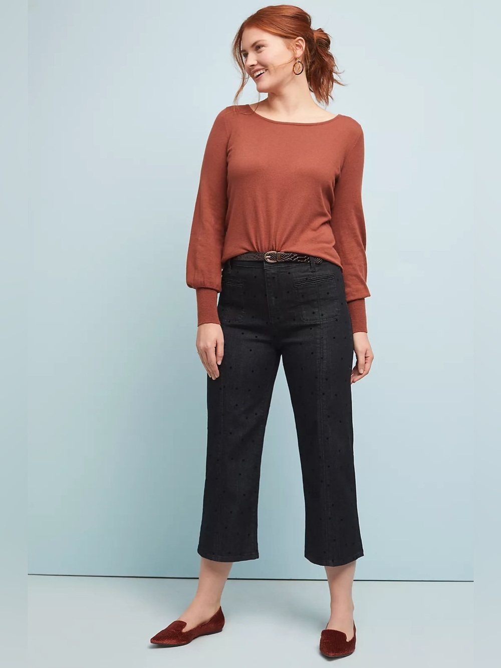 Pilcro High-Rise Cropped Wide-Leg Jeans Black Velvet Dot Size 27